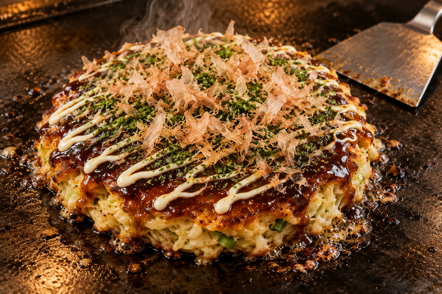ソースと鰹節をまとった熱々の豚玉お好み焼き